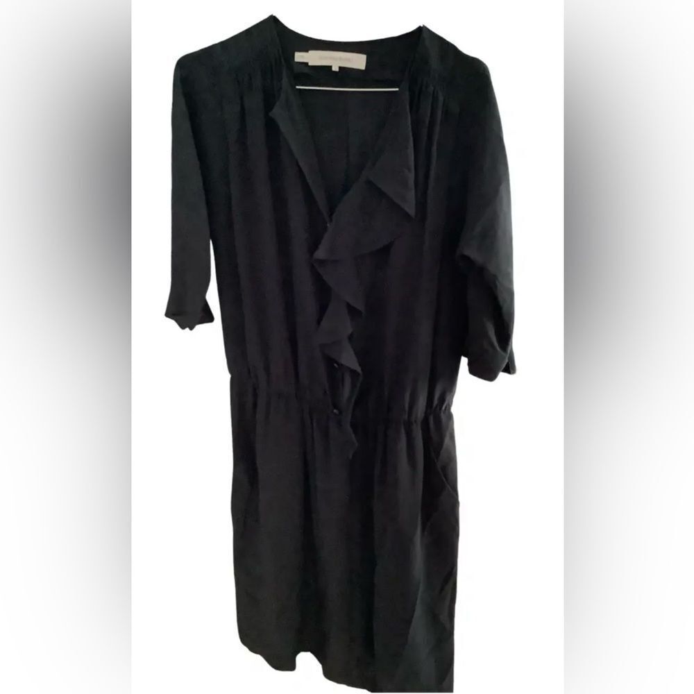NEW Gerard Darel Black 100% Silk Victorian Ruffle Neck Cocktail Midi Dress 6